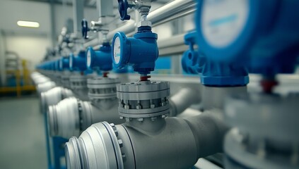 Wall Mural - Close-Up of Stainless Steel Pipes and Gauges in Industrial Setting, Water Treatment Equipment for Clean Energy