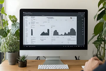 Poster - Desktop computer displaying graphs and charts, surrounded by potted plants.