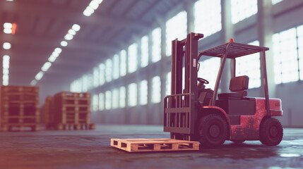 Poster - Electric forklift lifting wooden pallet warehouse industrial scene urban environment ground level efficiency in logistics
