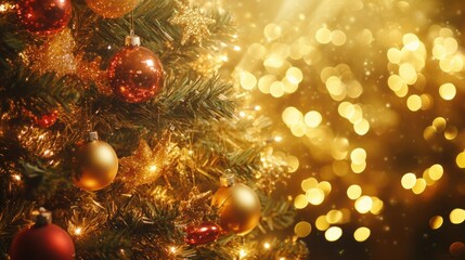 Aufkleber - A glowing Christmas tree with twinkling fairy lights and glittering ornaments, surrounded by a radiant golden background