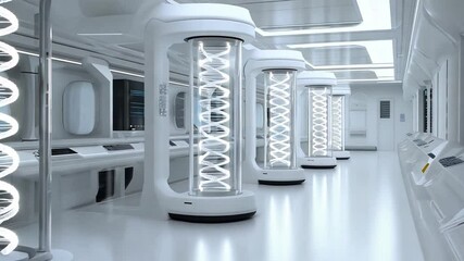 Poster - High-tech biocomputer facility featuring advanced DNA structures in a sterile environment