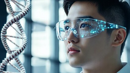 Poster - asian researcher man exploring dna and biocomputer technology in a modern lab with enhanced visualiz