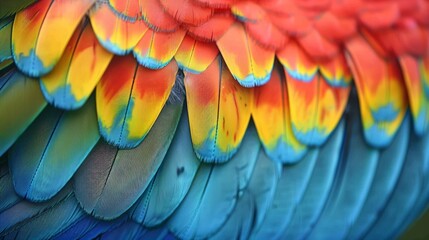 Wall Mural - Vibrant red, orange, yellow, and blue parrot feathers close-up.