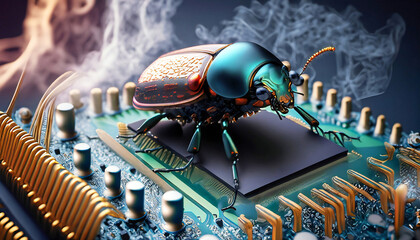 Poster - Beetle attacks and destroys electronics. Concept of computer virus and malicious software code.