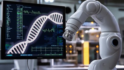 Poster - Biocomputer technology demonstrated with robotic arm analyzing DNA sequences in lab