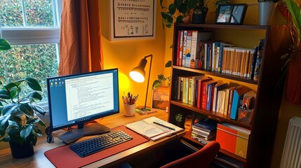 Poster - Productive home study spaces cozy interior design for focused work with computers and books in an inviting atmosphere