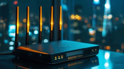 Aufkleber - Modern wireless industrial router multi-antenna connectivity in an urban skyline environment