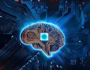 Poster - intricate circuit board with illuminated brain symbol representing artificial intelligence technolog
