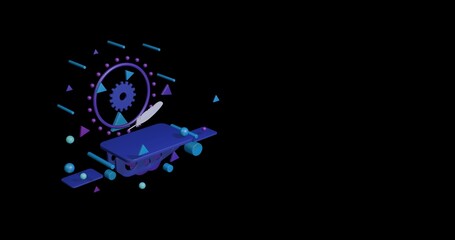 Poster - White feather symbol on a pedestal of abstract geometric shapes floating in the air. Abstract concept art with flying shapes on the left. 3d illustration on black background