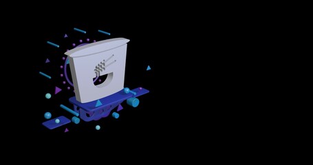 Poster - White instant noodles symbol on a pedestal of abstract geometric shapes floating in the air. Abstract concept art with flying shapes on the left. 3d illustration on black background