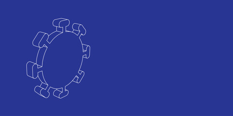 Poster - The outline of a large coronavirus symbol made of white lines on the left. 3D view of the object in perspective. Vector illustration on indigo background