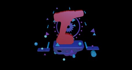 Poster - Red electric screwdriver symbol on a pedestal of abstract geometric shapes floating in the air. Abstract concept art with flying shapes in the center. 3d illustration on black background