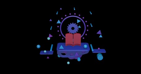 Poster - Red book symbol on a pedestal of abstract geometric shapes floating in the air. Abstract concept art with flying shapes in the center. 3d illustration on black background