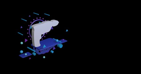 Poster - White electric drill symbol on a pedestal of abstract geometric shapes floating in the air. Abstract concept art with flying shapes on the left. 3d illustration on black background