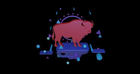 Poster - Red buffalo symbol on a pedestal of abstract geometric shapes floating in the air. Abstract concept art with flying shapes in the center. 3d illustration on black background