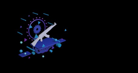 Poster - White assault rifle on a pedestal of abstract geometric shapes floating in the air. Abstract concept art with flying shapes on the left. 3d illustration on black background