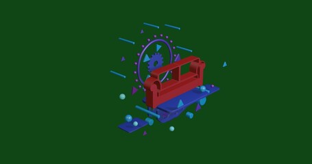 Poster - Red sofa icon on a pedestal of abstract geometric shapes floating in the air. Abstract concept art with flying shapes in the center. 3d illustration on green background