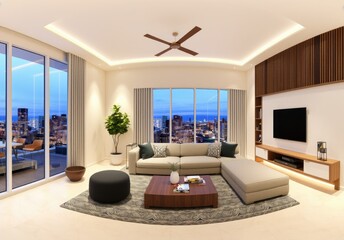 Wall Mural - Interior of modern living room panorama 3d rendering