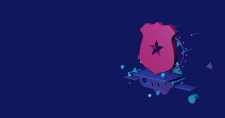 Poster - Pink police badge symbol on a pedestal of abstract geometric shapes floating in the air. Abstract concept art with flying shapes on the right. 3d illustration on indigo background