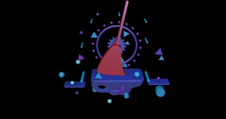 Poster - Red broom symbol on a pedestal of abstract geometric shapes floating in the air. Abstract concept art with flying shapes in the center. 3d illustration on black background