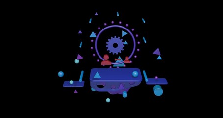 Poster - Red social distance symbol on a pedestal of abstract geometric shapes floating in the air. Abstract concept art with flying shapes in the center. 3d illustration on black background