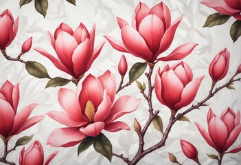 Poster - Elegant Vector Illustration of Red and Pink Magnolia Flowers on Textile Fabric