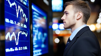 Poster - Young businessman analyzing stock market data on a digital screen.