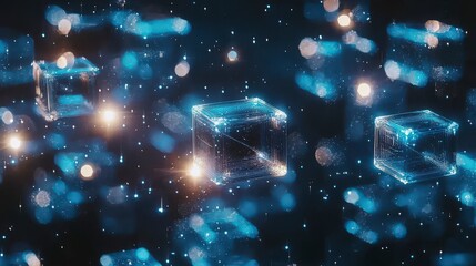 Poster - Floating blockchain-inspired design elements in a digital space abstract art conceptual high-tech environment