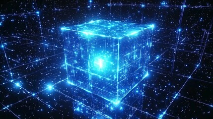 Poster - Holographic digital grid forms glowing cube in virtual space technology visualization futuristic environment abstract concept