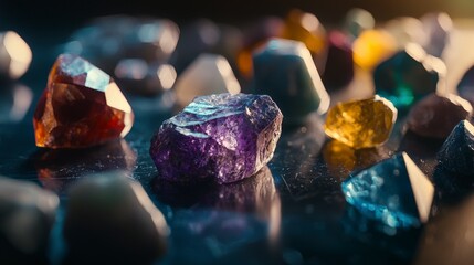 Poster - Artisan natural gemstones closeup studio setting photography colorful textures macro view unique materials showcase