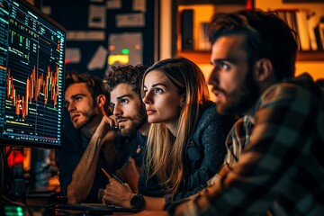 Poster - Young professionals intently analyze stock market data on a large computer monitor in a dimly lit office.