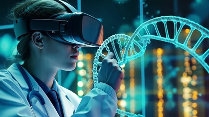 Poster - A scientist wearing a virtual reality headset exploring DNA model and biocomputer technology in a lab