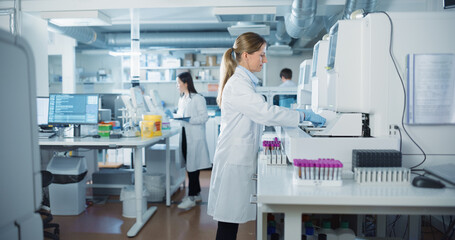 Leinwandbilder - Diverse Team Working in a Clinical Laboratory. Biomedical Scientists Testing Out Clinical Specimens to Obtain Information About Patient Health to Aid in Diagnosis, Treatment and Prevention of Disease