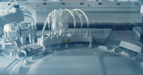 Aufkleber - Close Up of an Advanced Automated Laboratory Analyzer at Work. Detailed Tubing, Warning Symbols and Rotating Carousel Showcase the Modern Medical Diagnostics Equipment in Process