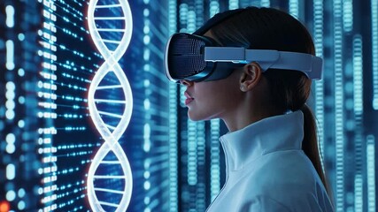 Poster - Researcher exploring biocomputers through virtual reality with advanced technology in a futuristic environment
