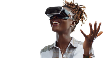 African young businesswoman watching vr glasses laughing and gesturing with hand on white background
