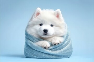 Wall Mural - Fancy dress for fashionable pet dog concept. Fluffy white puppy wrapped in a soft blanket against a light blue background