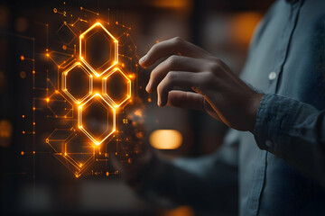 Poster - Person interacting with glowing hexagonal digital interface.