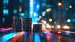 © Chantip - Light trails forming a cityscape above stacks of coins, symbolizing financial energy fueling real estate growth