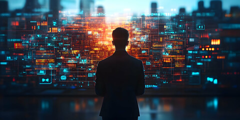 Poster - Person viewing futuristic digital data interface.