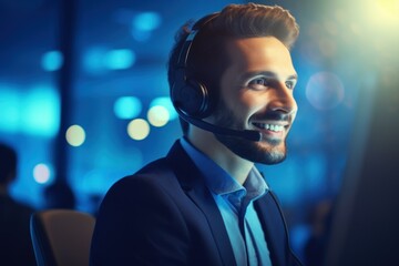Poster - Call center employee wearing headset working overtime in modern office