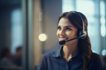 Poster - Friendly female call center worker assisting clients with a headset in modern office