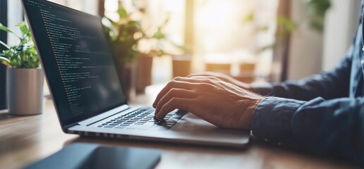 Poster - A close-up of hands typing on a laptop in a bright workspace.