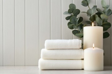 Poster - Stacked towels, burning candles, and eucalyptus creating a relaxing spa ambiance