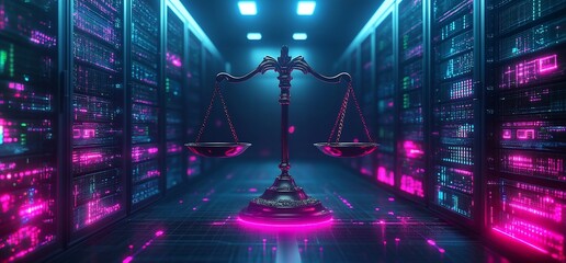 Poster - A digital representation of justice with scales in a futuristic server room.