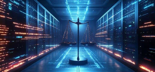 Poster - A digital scene featuring a balanced scale in a futuristic data environment.