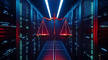Poster - A digital representation of justice, symbolized by scales in a tech environment.
