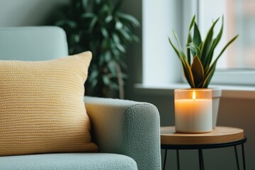 Aufkleber - Cozy home workspace inspiring tranquility and wellness with burning candle