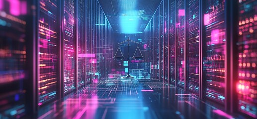 Poster - A futuristic data center with a balance scale symbolizing justice and technology.