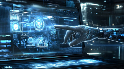 Poster - Robotic hand interacts with futuristic digital interface.